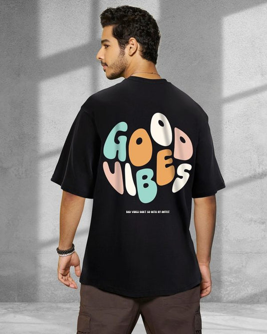 Kind Picks™ Men’s Black Good Vibes Typography Oversized T-shirt