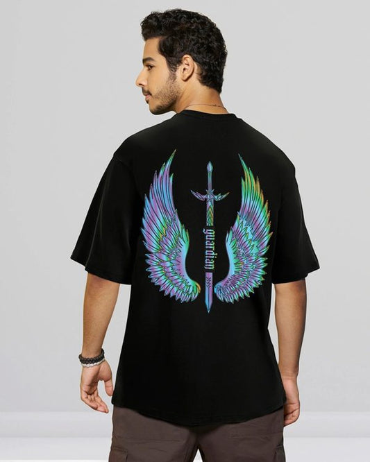 Kind Picks™ Men’s Black Guardian Wings Graphic Printed Oversized T-shirt