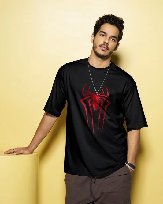 Kind Picks™ Men’s Black Spider Blend Graphic Printed Over-sized T-shirt